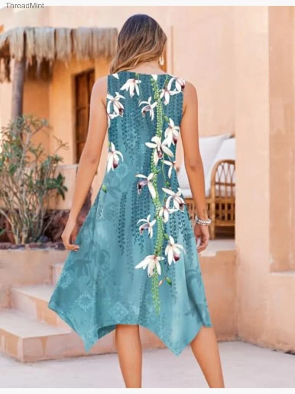 Sleeveless Midi Sundress with Pockets, Handkerchief Hem, Floral Print - Picture 5 of 7